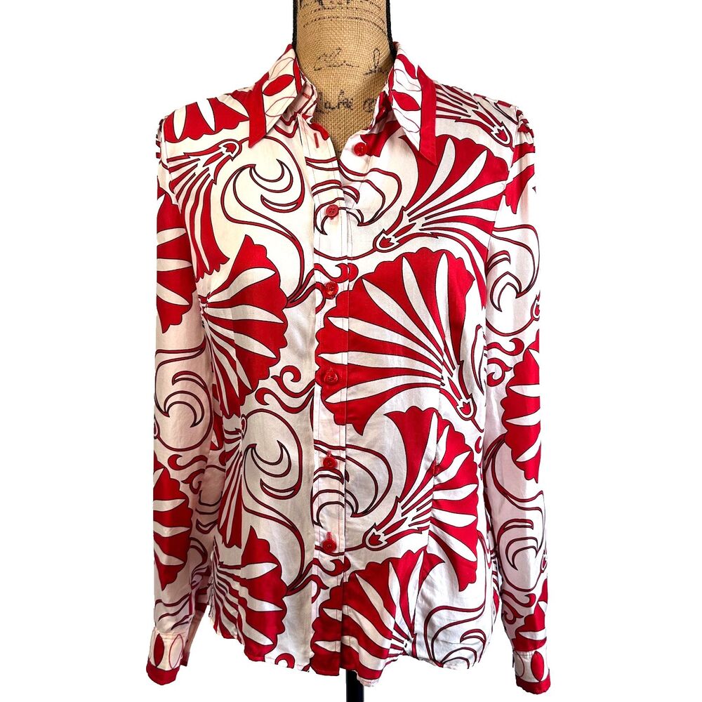 ESCADA Sport Silk Blouse Red Graphic Print Button Front Long Sleeve Sz 38/8